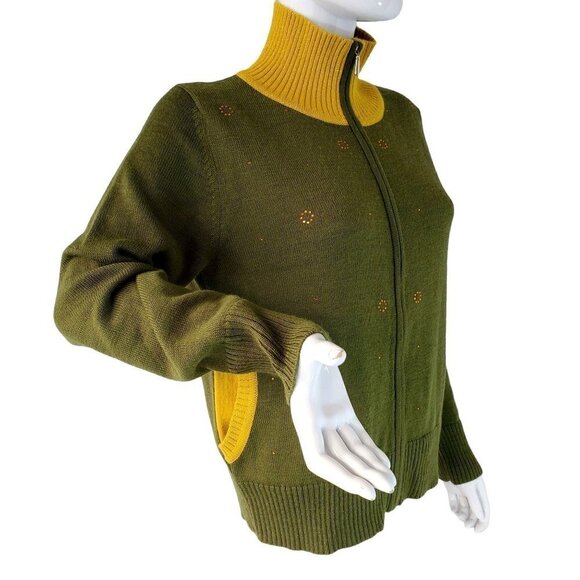 Full Zip Knit Cardigan Debra Lola Color Block Mock Neck Green Yellow Womens 10 - Picture 2 of 10